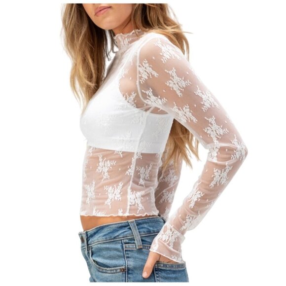 Sheer White Floral Lace Long Sleeve Crop Top - Picture 2 of 3